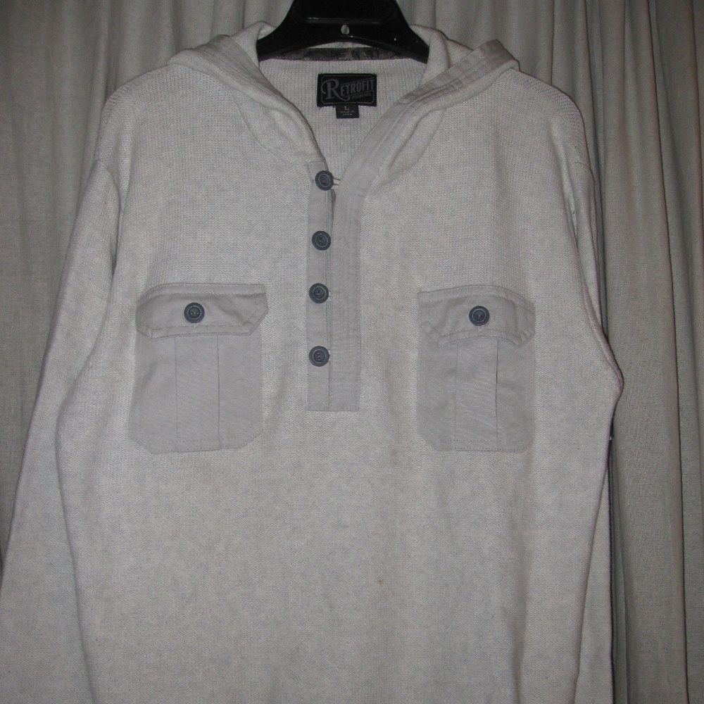 Men's thick HOODED knit sweater, POCKETS, Large, Ivory, Gray Heathered